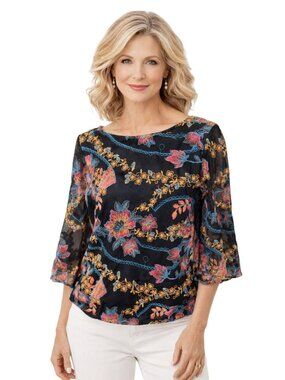 Eci New York Semi Sheer Black Multi Color Floral Embroider Blouse Formal Luxury